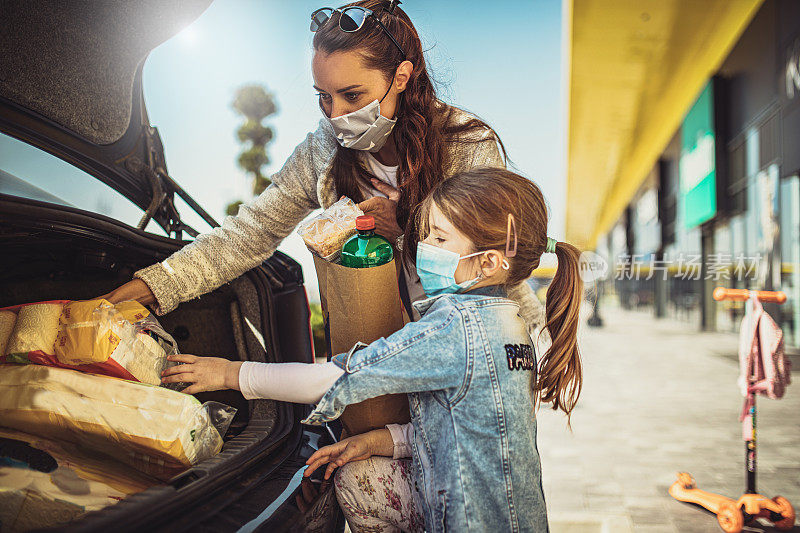 母亲和女儿带着防护口罩在车里包装超市的杂货
