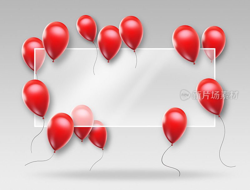 红色气球与矩形徽章框架复制空间庆祝