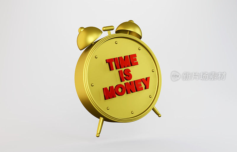3D黄金金属闹钟和时间是金钱的信息。