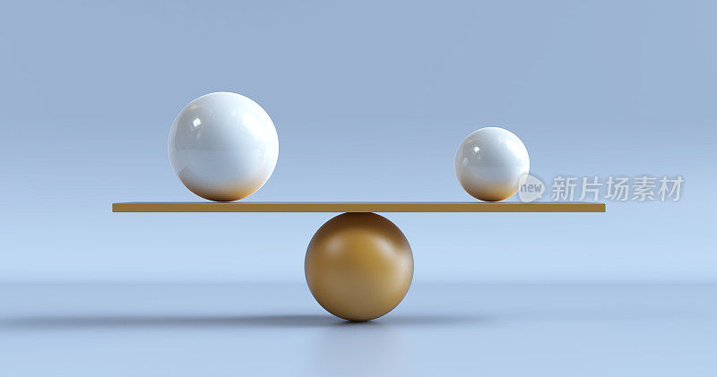 3d渲染，平衡球放在秤或称重，孤立在蓝色背景