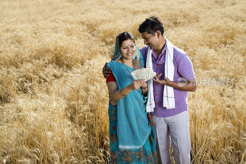 农村夫妇持有印度卢比在农田里