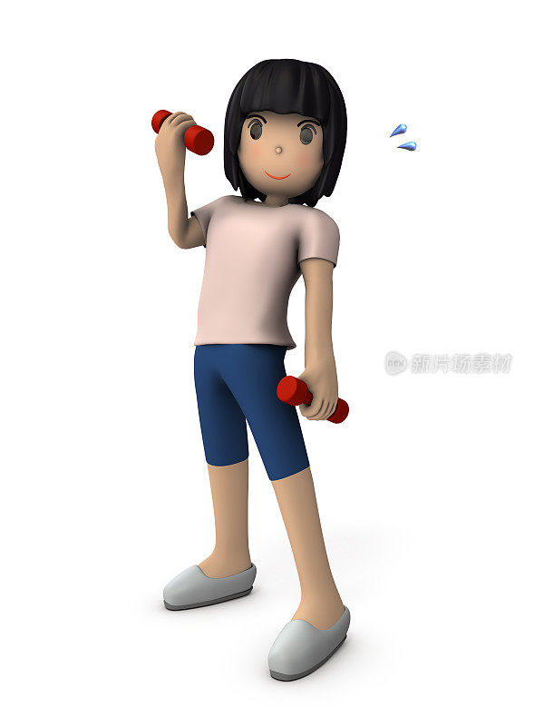 一个用哑铃锻炼身体的年轻女子。这是在白色背景上的3D渲染。