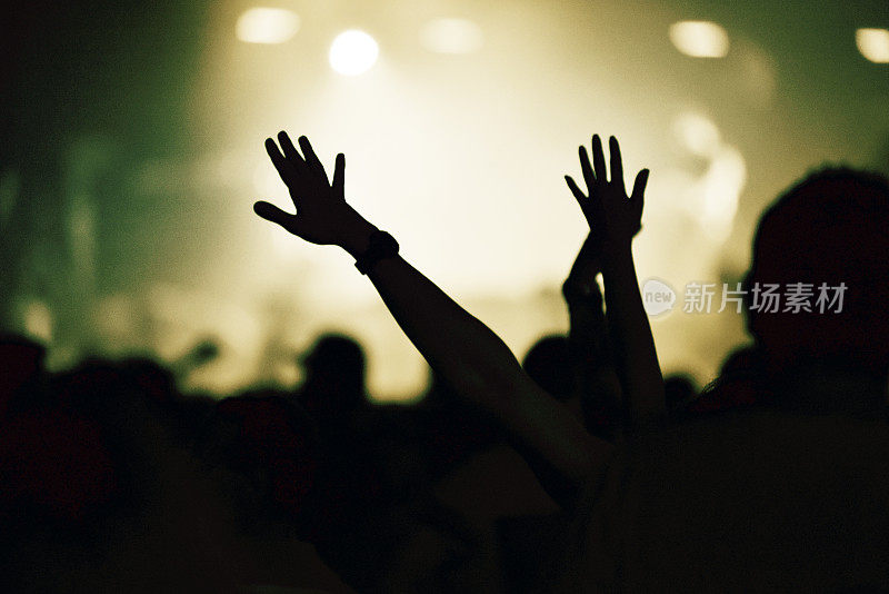 音乐会上的人群，举手的观众，音调