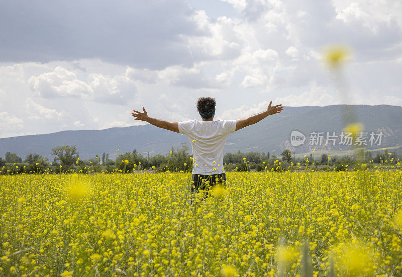 一个年轻人的后视图享受自然草地上的野花在日落