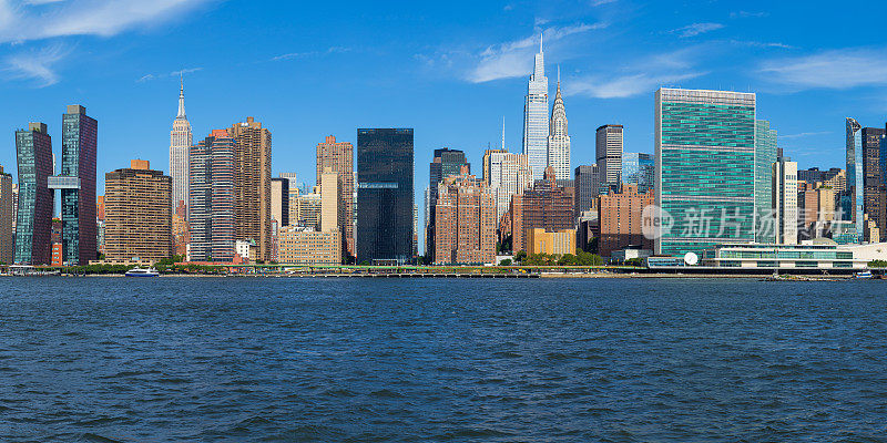 纽约天际线，联合国大楼，克莱斯勒大楼，帝国大厦和曼哈顿东区的摩天大楼在早上，纽约，美国。