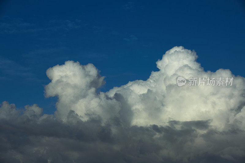蓝色天空中的戏剧性云景。多层云从远处看是由黑色和白色的云组成的。