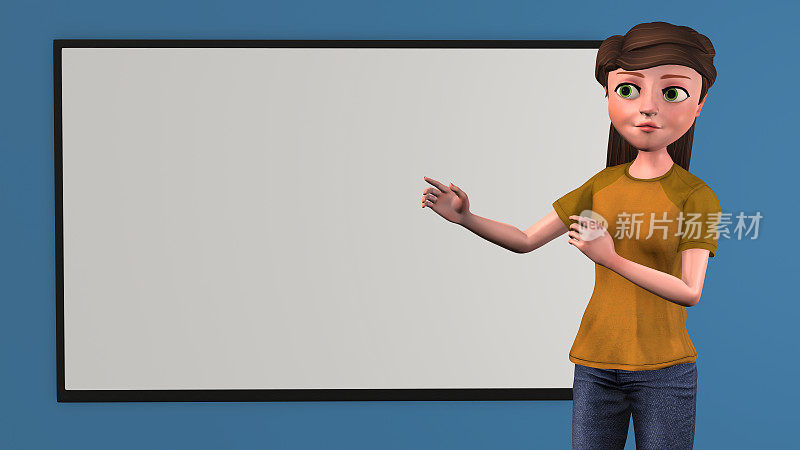女性办公室职员卡通女孩指向白板自信的女商人会议3D插图