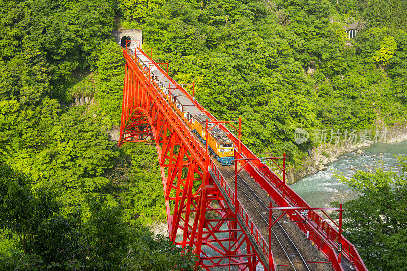 黑部山谷电车穿过新山彦桥，日本，富山县，黑部，富山，黑部峡谷