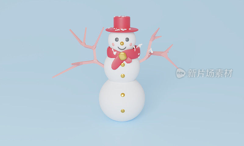 圣诞粉彩场景与雪人可爱的角色。3d渲染插图。大雪纷飞的冬天，节日节日