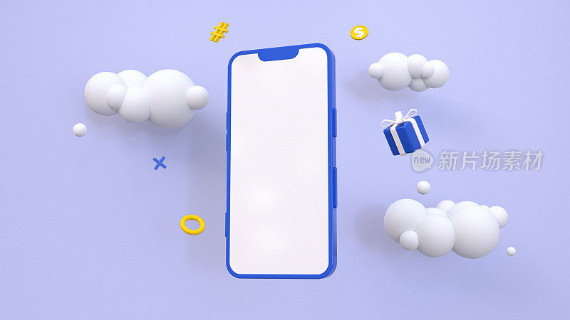 3d渲染的蓝色手机周围的云，一个礼物，一枚硬币和各种小物品。