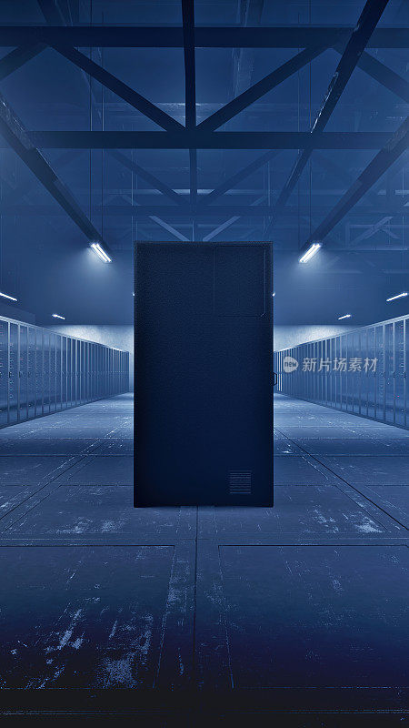 网络安全概念-数据中心和在服务器机房拍摄多排完全运行的服务器机架-计算机网络安全概念