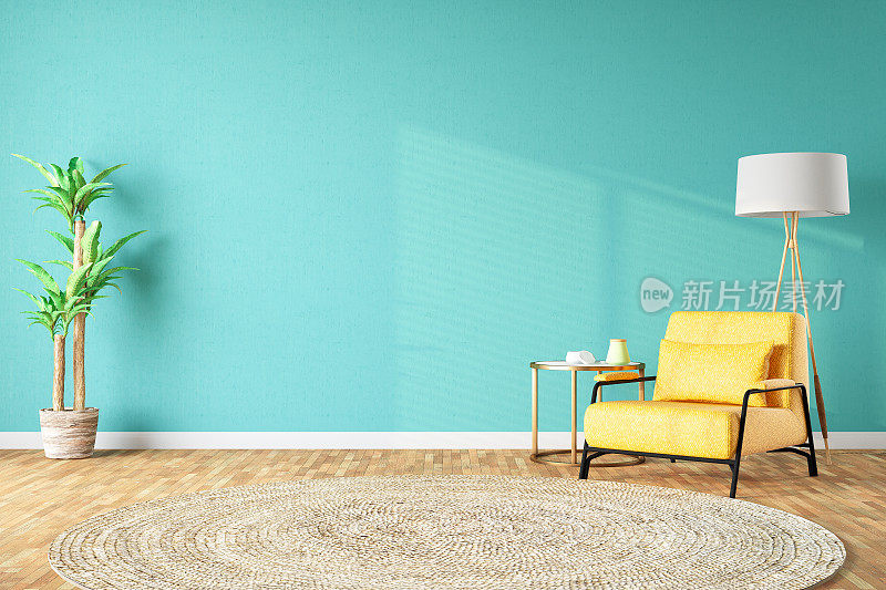 蓝色墙壁和黄色扶手椅的空模型