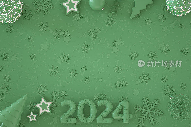 2024年新年气球与圣诞装饰绿色背景