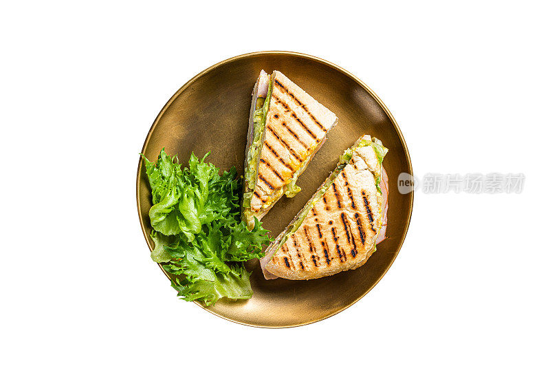 切片帕尼尼配火腿、沙拉和奶酪。孤立在白色背景上。