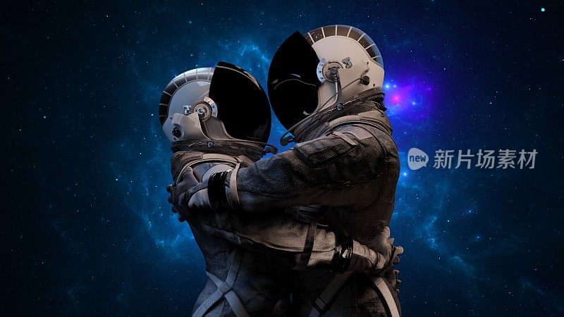 两名宇航员夫妇穿着宇航服，在遥远的恒星和浩瀚的宇宙背景下拥抱。爱情巨大，男人和女人。三维渲染