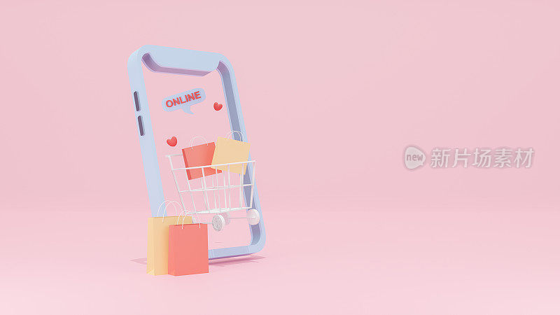 在数字时代的智能手机购物-方便的网上购物与购物袋和购物车在粉红色的背景。3d渲染