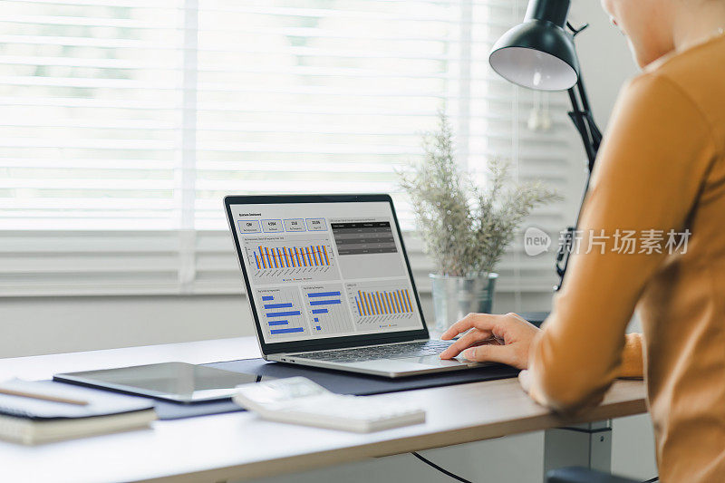 女性顾问财务业务分析使用数据仪表板图形，图表，指标和KPI来分析业务绩效。