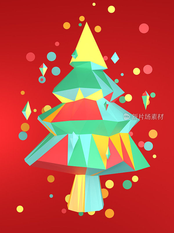 新年贺卡与圣诞树创建的简单几何形状的红色背景