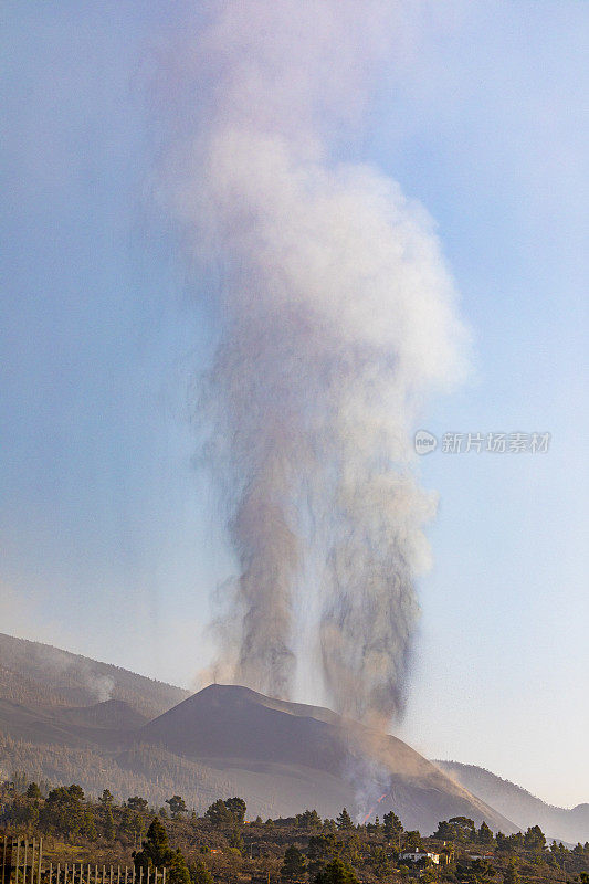 康伯利维亚火山爆发。火山锥和火山炸弹向黎明山移动，大量的气体和岩石形成垂直的双柱。