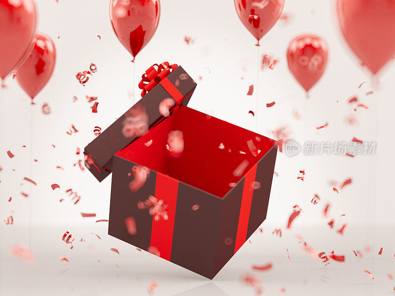 红色礼物与气球和五彩纸屑