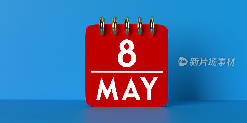 母亲节提醒，2022年5月8日，蓝色背景的红色台历，副本空间。