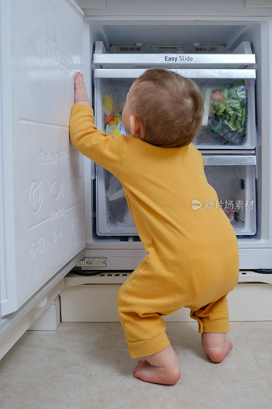 蹒跚学步的小男孩看着打开的冰箱。儿童安全问题在家庭病房，小孩在家庭病房，小孩