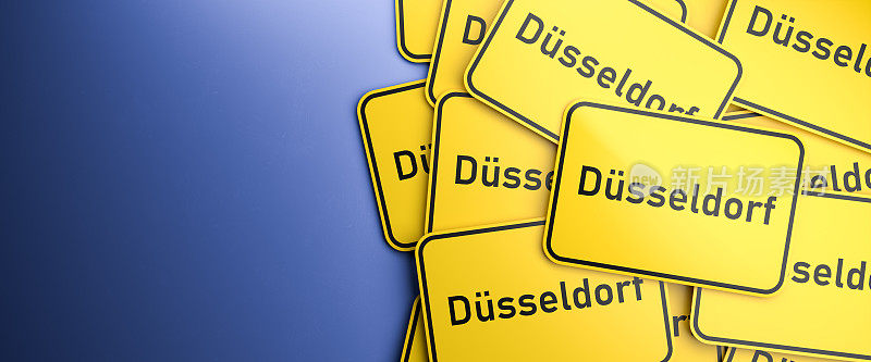堆上的多个Düsseldorf城市限制标志。杜塞尔多夫是德国北莱茵-威斯特法伦州的首府。德国城市典型的黄色城市限行标志。