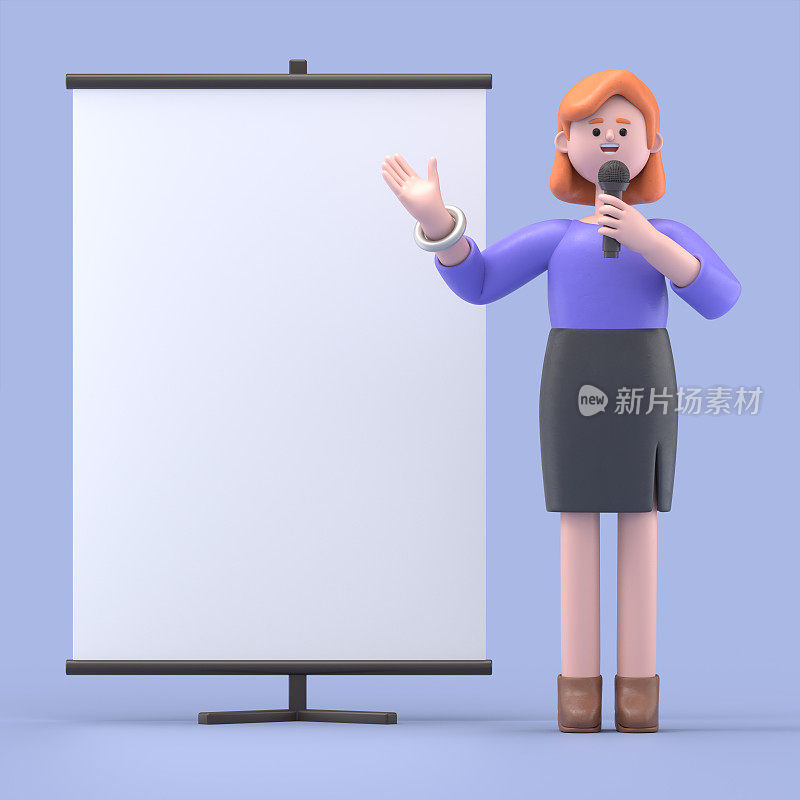 3D插图微笑的女商人艾伦与空白板作为介绍信息，指示或广告，产品挂图模型。
