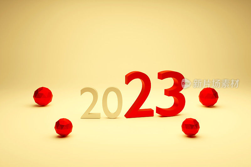 2023新年，2023数字在彩色背景上用红色球体