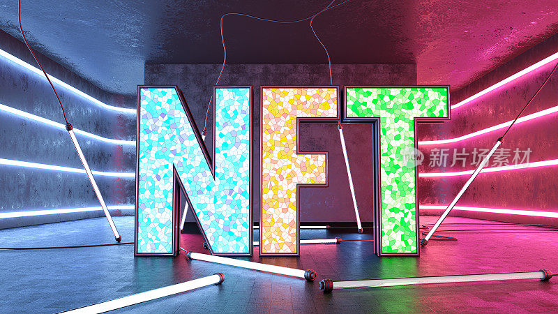 霓虹NFT不可替代的令牌文本网络空间未来背景