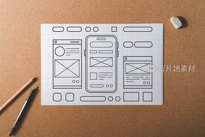 在白色蓝图网格纸上绘制手机应用UI设计图
