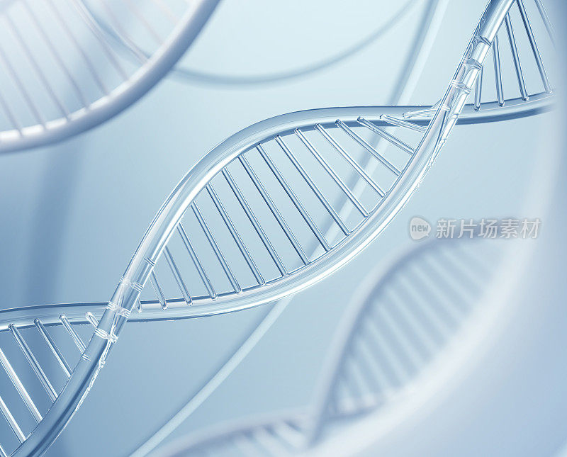 蓝色DNA基因螺旋螺旋结构，科学生物技术背景，三维插图。