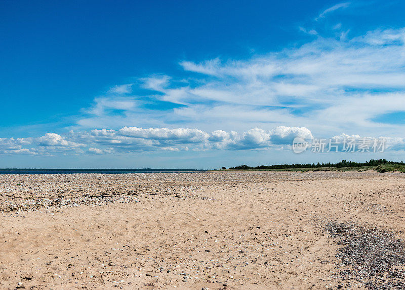 传统的夏季景观，沙质和鹅卵石的海角，蓝色的海和天空，哈里莱德自然保护区，爱沙尼亚，波罗的海