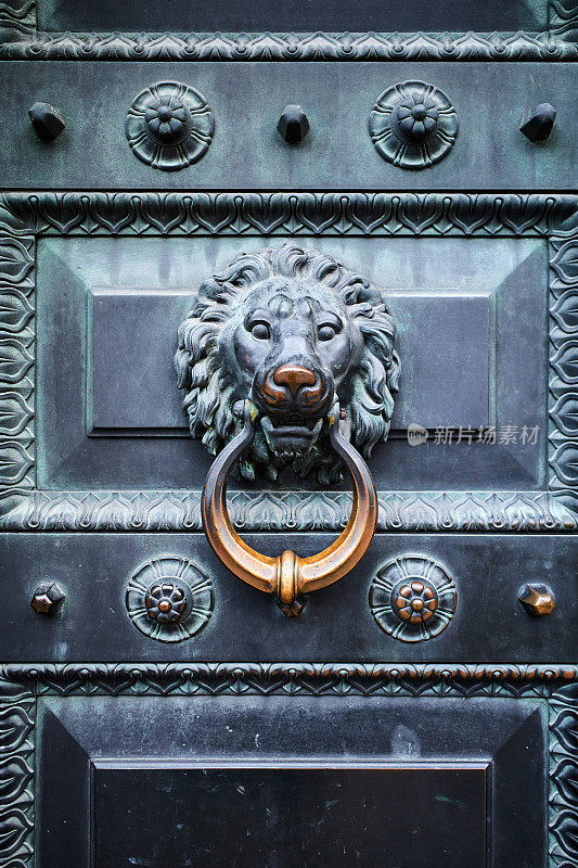 古色古香的青铜门敲门声在一个古老的前门上以狮子脸的形式响起。