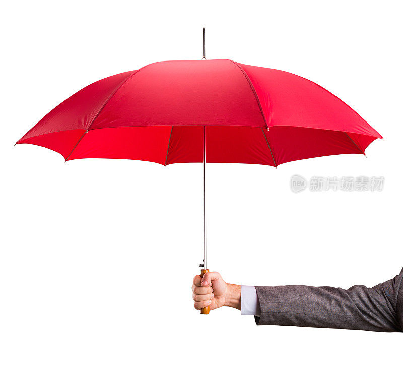 穿着西装袖子，撑着一把红伞