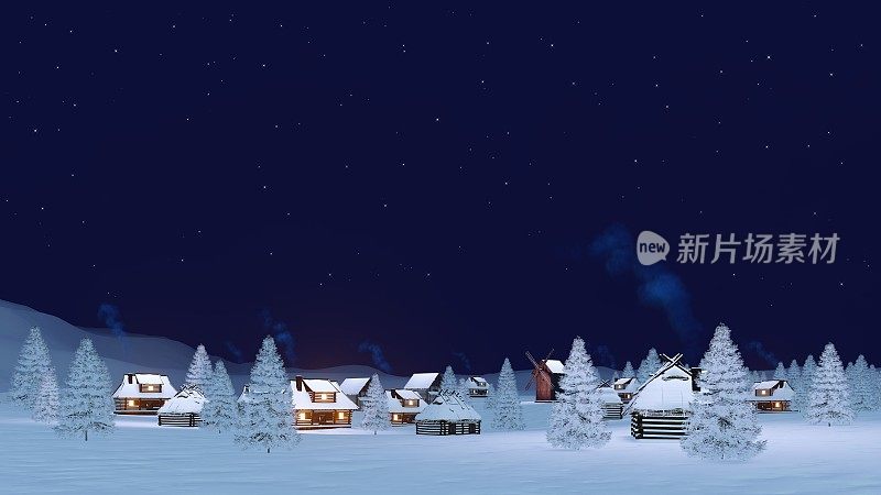 夜晚天空下舒适的冬季小镇