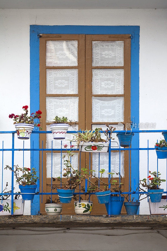 蓝色阳台上的花盆