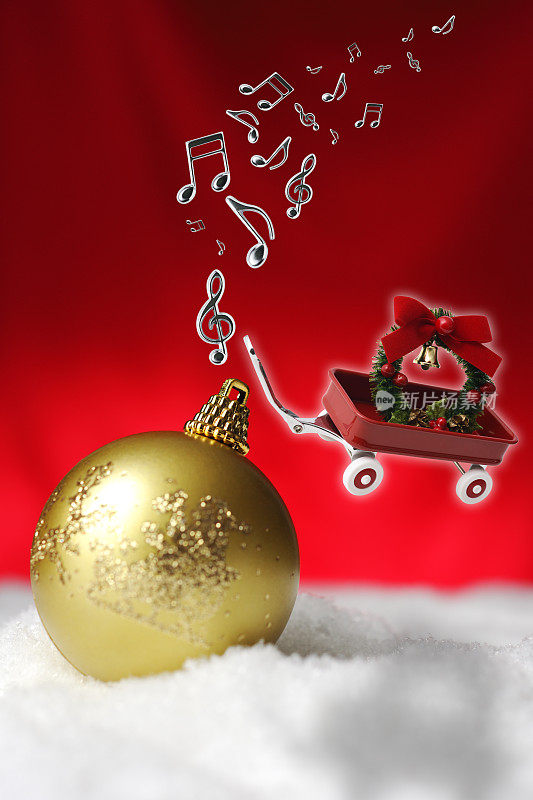 会飞的玩具红马车和圣诞花环的音乐音符
