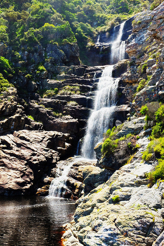 美丽的瀑布:阶梯式瀑布落入林地池