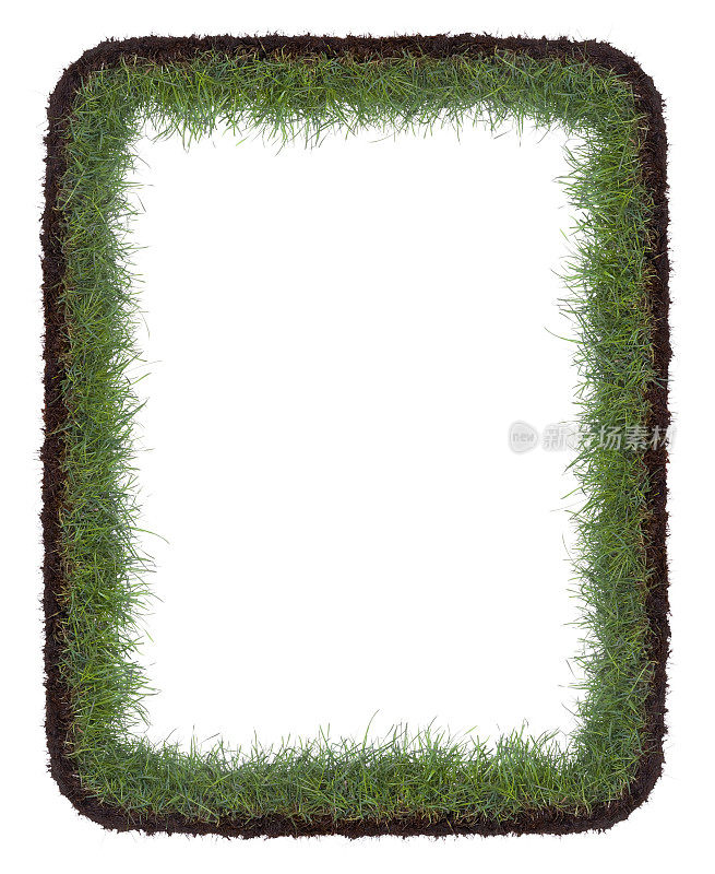 草、土和根长方形框架上孤立白色