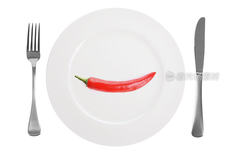 辣椒盘和刀叉上的白色背景