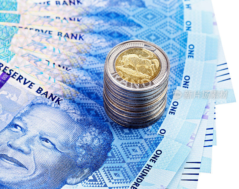 一叠叠成扇形的南非曼德拉钞票，上面印着硬币