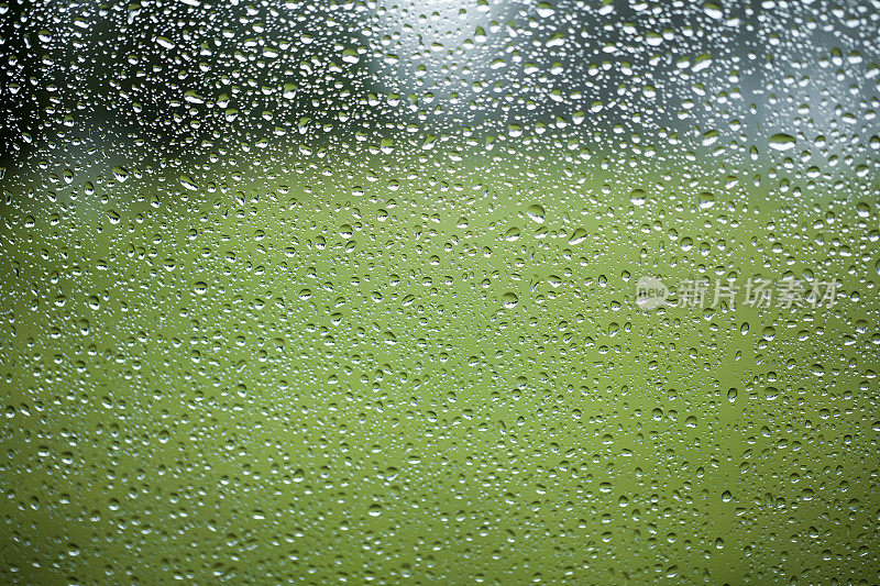 在雨天透过窗户花园。