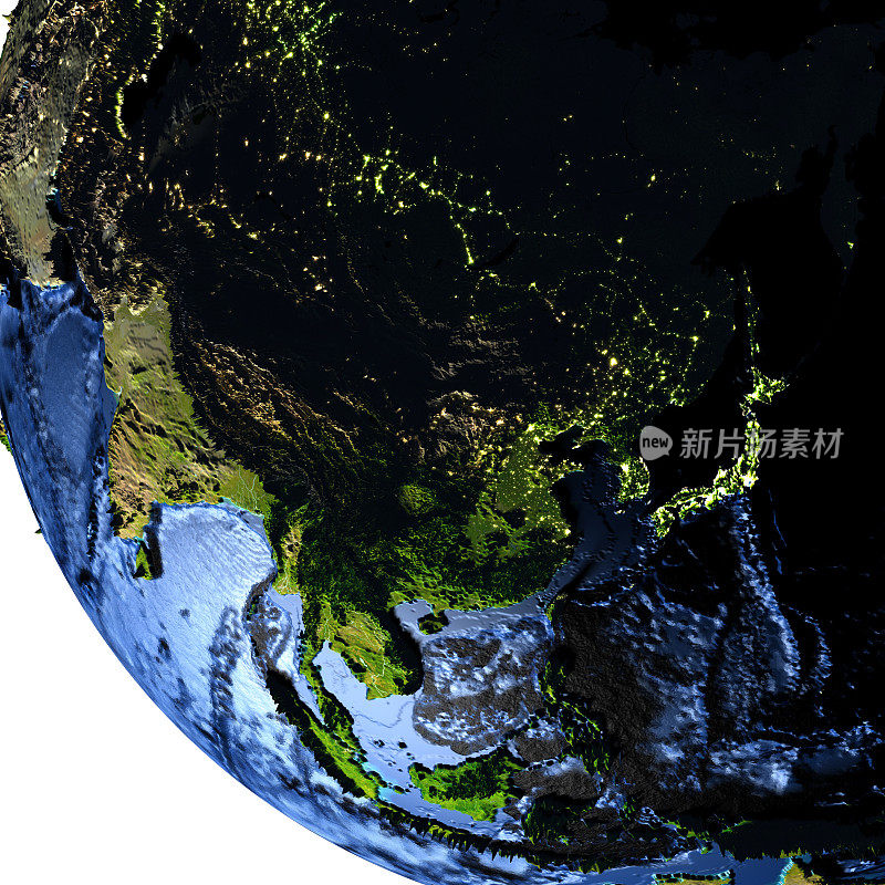 地球上的东亚在夜晚有夸张的山脉