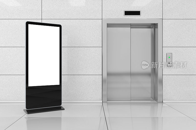 在现代电梯或办公大楼的金属门电梯附近，作为您设计的模板的空白展会液晶屏支架