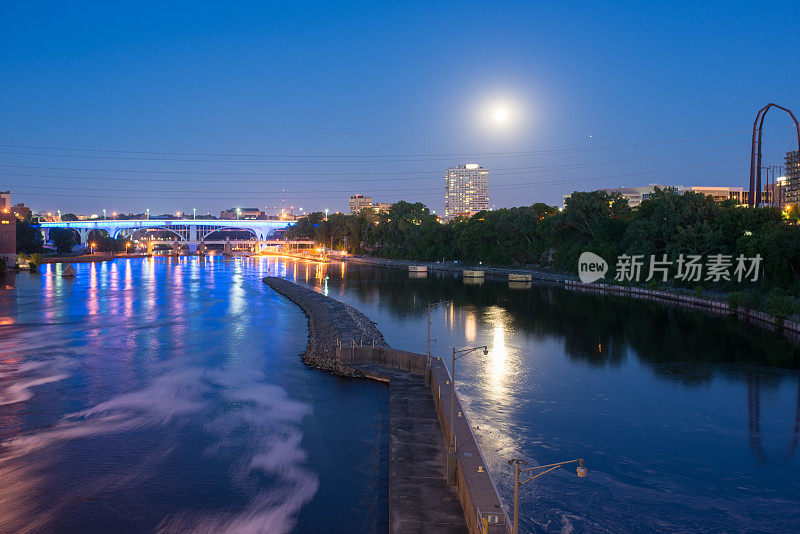 明尼阿波利斯市中心滨河日落