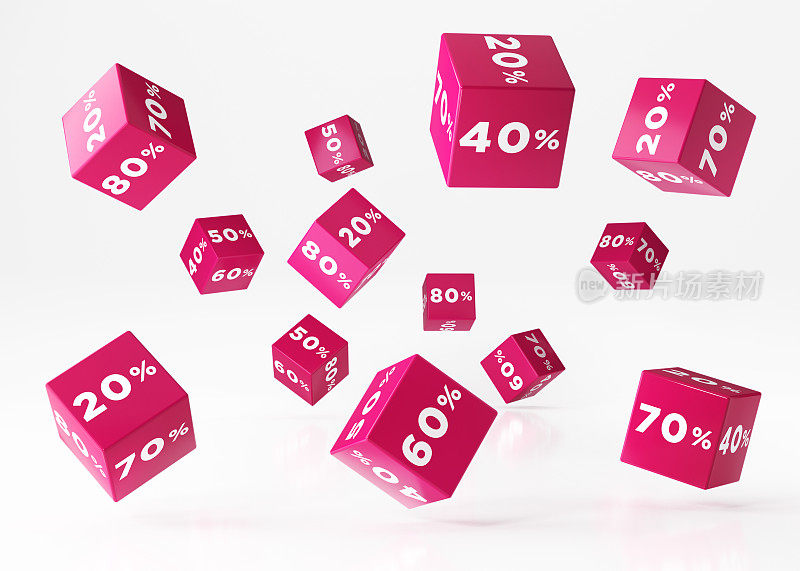 销售概念-粉红色立方体与百分比符号落在白色背景