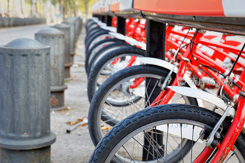 在巴塞罗那出租的一排自行车轮子