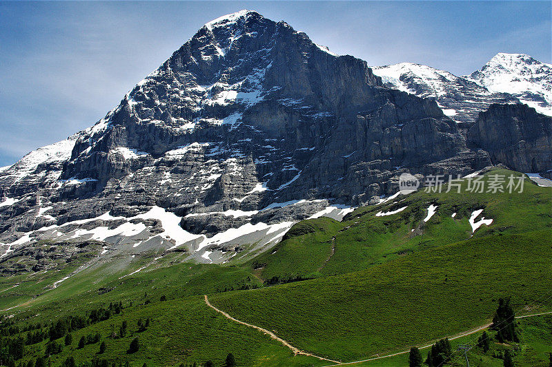 在瑞士阿尔卑斯山的一个登山经典的艾格尔北坡的视角