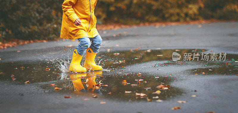 穿着黄色胶靴的孩子的腿在秋天的水坑里